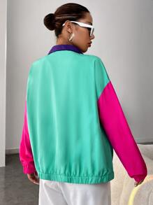 SHEIN EZwear Spring Outfit Color Block Drop Shoulder Zipper Jacket