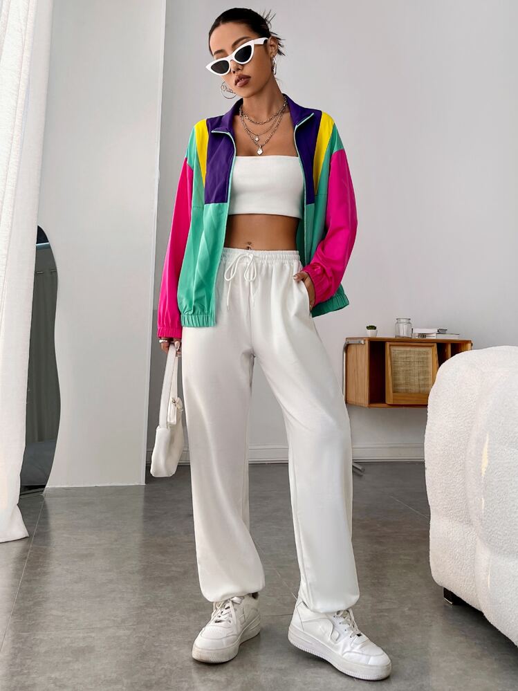 SHEIN EZwear Chaqueta con cremallera de hombros caídos y bloques de color para primavera/invierno - Multicolor - Ver 3