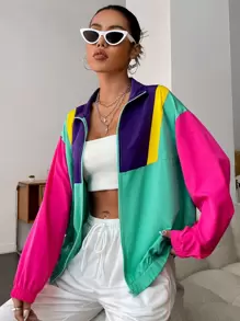 SHEIN EZwear Spring Outfit Color Block Drop Shoulder Zipper Jacket
