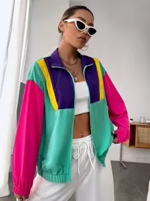 SHEIN EZwear Spring Outfit Color Block Drop Shoulder Zipper Jacket