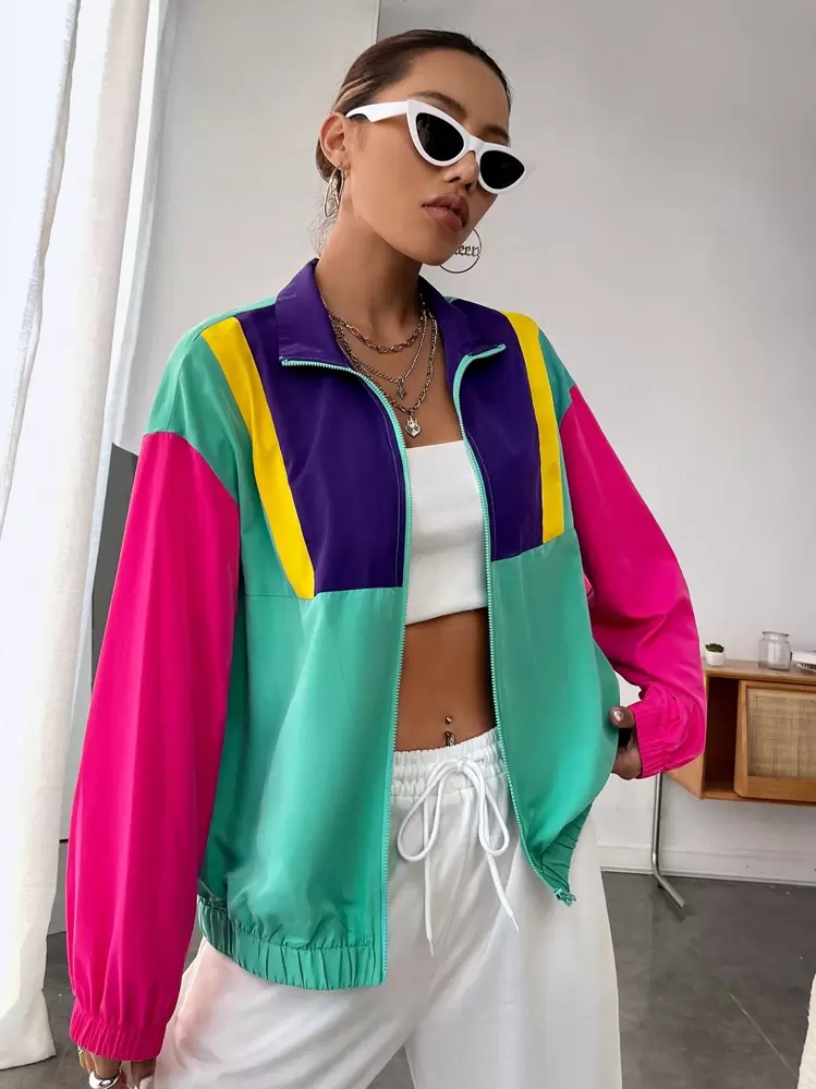 SHEIN EZwear Chaqueta con cremallera de hombros caídos y bloques de color para primavera/invierno - Multicolor - Ver 6