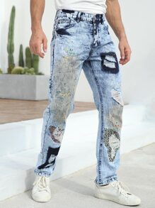 Quần Jeans Rách In Hình Mực Splash Cho Nam - Rửa nhẹ - Xem 1