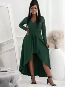 蕾絲拼接高低下擺洋裝 - 墨綠色 - 查看 1