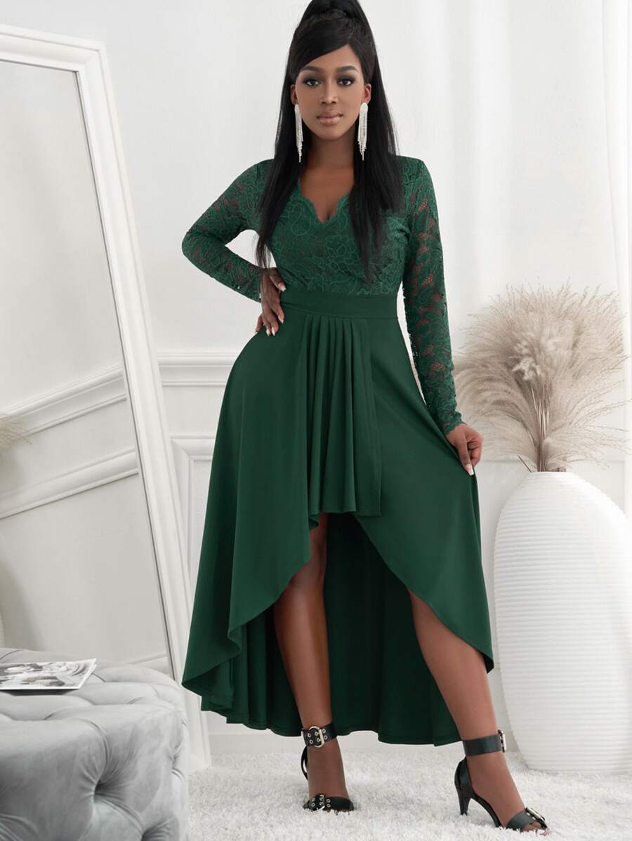 蕾絲拼接高低下擺洋裝 - 墨綠色 - 查看 1