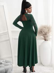 蕾絲拼接高低下擺洋裝 - 墨綠色 - 查看 2