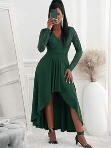 蕾絲拼接高低下擺洋裝 - 墨綠色 - 查看 3