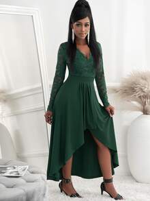 蕾絲拼接高低下擺洋裝 - 墨綠色 - 查看 4