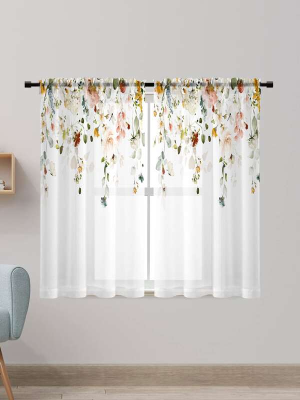 Flower Pattern Single Panel Sheer Curtain, Cottagecore Mesh Curtain For