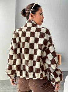 SHEIN EZwear Checker Print Zip Up Teddy Jacket - Multicolor - View 2
