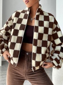 SHEIN EZwear Checker Print Zip Up Teddy Jacket - Multicolor - View 3