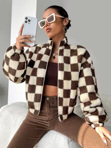 SHEIN EZwear Checker Print Zip Up Teddy Jacket - Multicolor - View 4