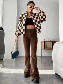 SHEIN EZwear Checker Print Zip Up Teddy Jacket - Multicolor - View 6