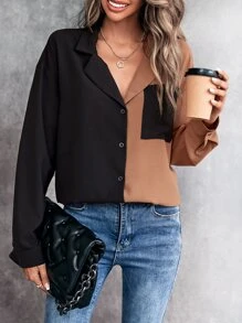 SHEIN LUNE Two Tone Lapel Collar Patched Pocket Shirt - Multicolor - View 1