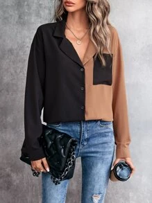SHEIN LUNE Two Tone Lapel Collar Patched Pocket Shirt - Multicolor - View 4