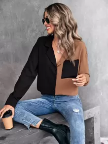 SHEIN LUNE Two Tone Lapel Collar Patched Pocket Shirt - Multicolor - View 6