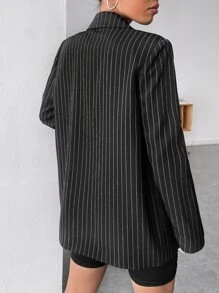 BizChic Blazer femme à rayures imprimées, coupe simple boutonnage, uniforme de travail, veste de costume ample à manches longues pour l'automne - Noir - Voir 2