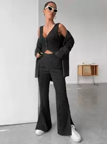 BizChic Blazer femme à rayures imprimées, coupe simple boutonnage, uniforme de travail, veste de costume ample à manches longues pour l'automne - Noir - Voir 4