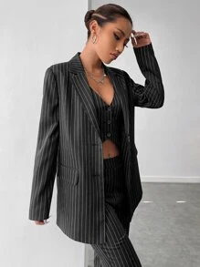 BizChic Blazer femme à rayures imprimées, coupe simple boutonnage, uniforme de travail, veste de costume ample à manches longues pour l'automne - Noir - Voir 5
