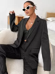 BizChic Blazer femme à rayures imprimées, coupe simple boutonnage, uniforme de travail, veste de costume ample à manches longues pour l'automne - Noir - Voir 7