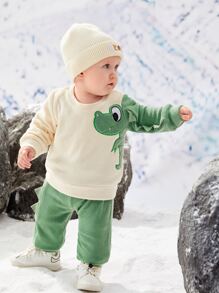 Baby Boy Cartoon Embroidery Triangle Trim Sweatshirt & Pants - Multicolor - View 2