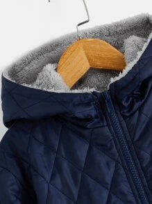 SHEIN 男孩翻蓋口袋毛絨內襯連帽幾何格紋絎縫外套