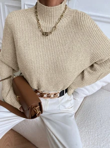 SHEIN Essnce Stand Collar Batwing Sleeve Jumper - Apricot - View 4