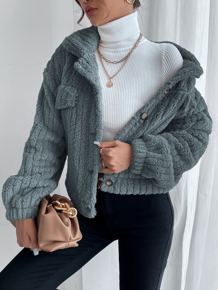 SHEIN Frenchy 落肩袖前紐扣法蘭絨夾克 - 灰色 - 查看 1