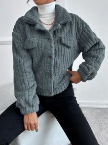 SHEIN Frenchy 落肩袖前紐扣法蘭絨夾克 - 灰色 - 查看 3