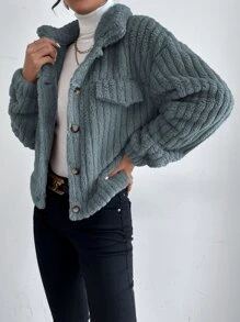 SHEIN Frenchy 落肩袖前紐扣法蘭絨夾克 - 灰色 - 查看 4