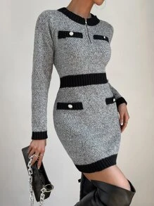 SHEIN Privé 拼接邊四分之一拉鏈雜色針織毛衣洋裝 - 深灰色 - 查看 1