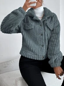 SHEIN Frenchy 落肩袖前紐扣法蘭絨夾克 - 灰色 - 查看 6