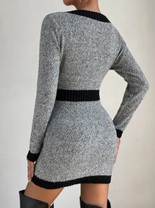 SHEIN Privé 拼接邊四分之一拉鏈雜色針織毛衣洋裝 - 深灰色 - 查看 2