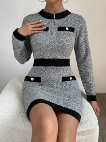 SHEIN Privé 拼接邊四分之一拉鏈雜色針織毛衣洋裝 - 深灰色 - 查看 5