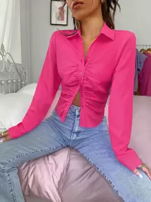 SHEIN EZwear Ruched Front Crop Shirt - Pink - View 4