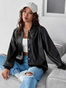 SHEIN EZwear Drop Shoulder PU Bomber Jacket - Black - View 3