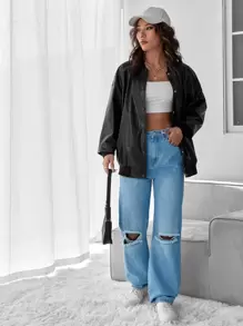 SHEIN EZwear Drop Shoulder PU Bomber Jacket - Black - View 5