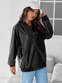 SHEIN EZwear Drop Shoulder PU Bomber Jacket - Black - View 6