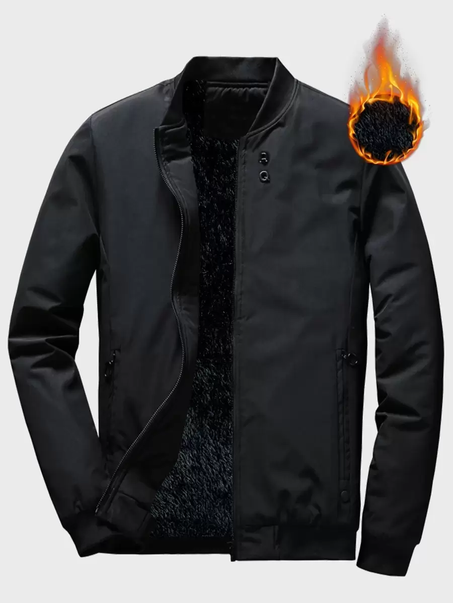 Manfinity Mode Men Solid Teddy Lined Bomber Jacket, Going Out Zipper Fashion Black Long Sleeve Flannel Jacket, For Friends, Husband, Boyfriend Gifts - Black - View 1