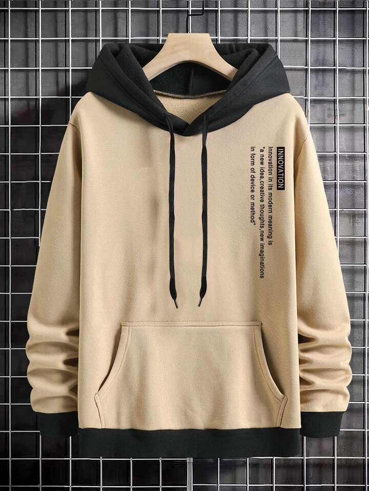Men Slogan Graphic Color Block Kangaroo Pocket Drawstring Hoodie | SHEIN