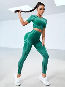 Cut Out Back Raglan Sleeve Scrunch Butt Sports Set - Green - View 2