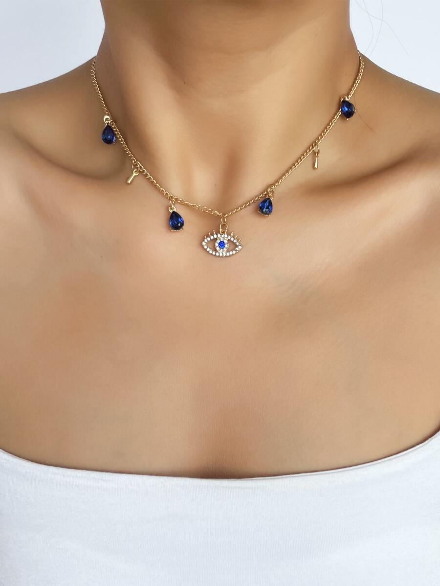 Rhinestone Eye Charm Necklace - Yellow Gold - View 1