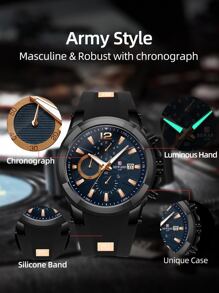 REWARD Men's Quartz Watch Silicone Band Business Fashion Style Timing Calendar Luminous Hands Multi-Functional Men Wristwatch High Quality Gift Classic Design Watch Band - Black - View 3