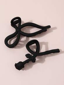 2pcs Flower & Bow Design Hair Claw - Black - View 1