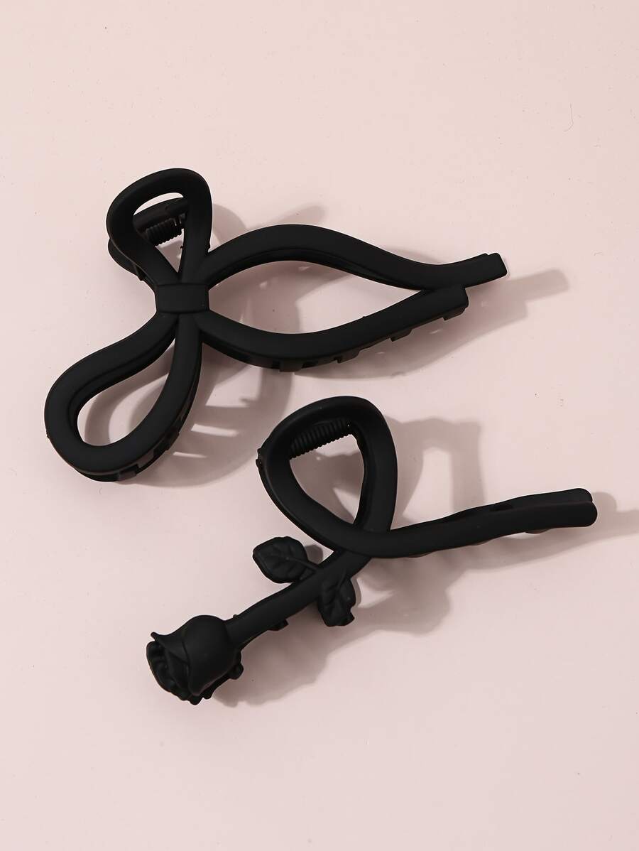 2pcs Flower & Bow Design Hair Claw - Black - View 1