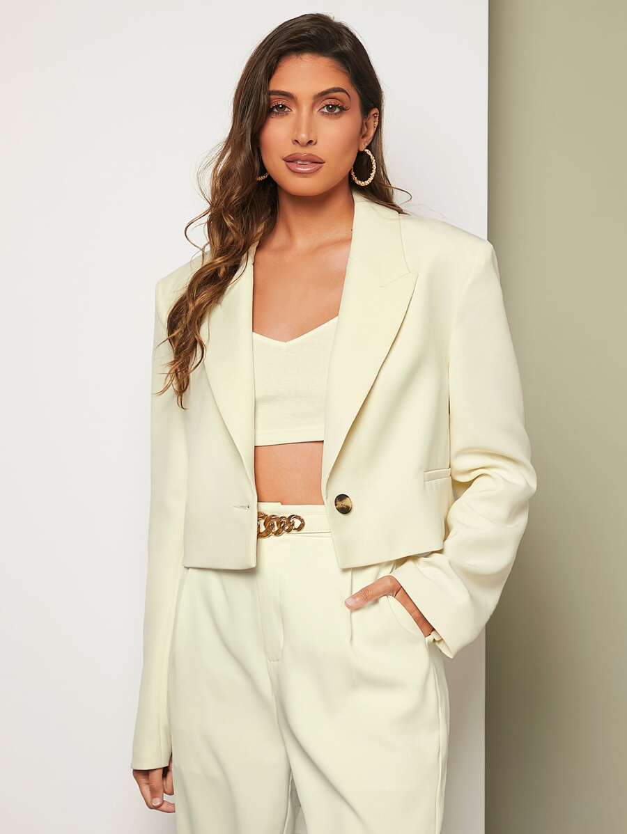 BizChic Single Button Crop Blazer - Beige - View 1