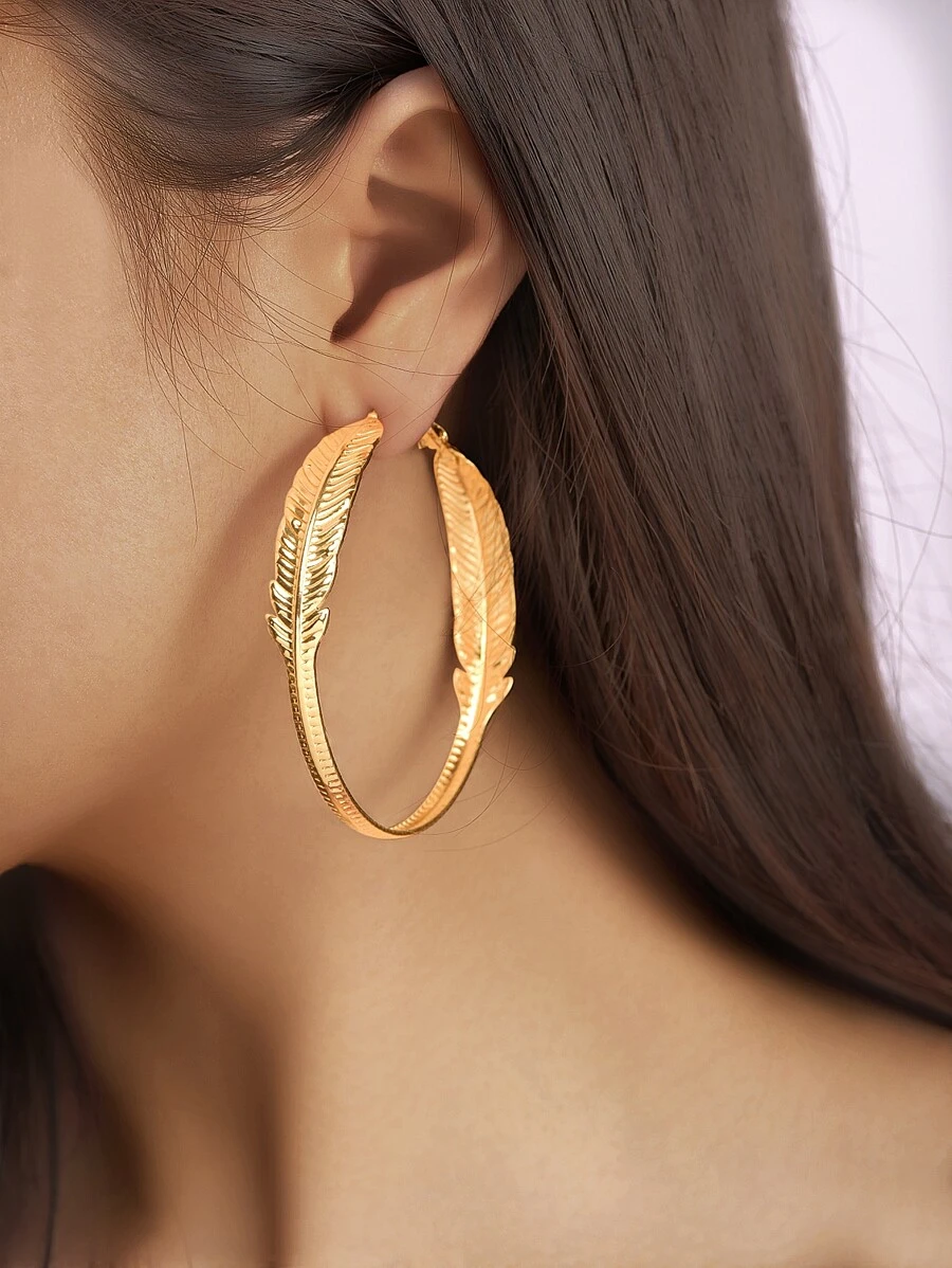 1對樹葉形狀耳環 - 金黃色 - 查看 1