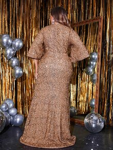 YISIKADO Plus Flounce Sleeve Sequins Prom Dress - Apricot - View 2