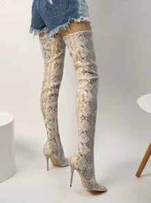 Snakeskin Embossed Side Zip Stiletto Heeled Sock Boots - Multicolor - View 2