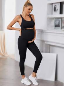 SHEIN Maternity Solid Crop Top & Leggings Set - Black - View 4