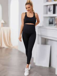 SHEIN Maternity Solid Crop Top & Leggings Set - Black - View 6